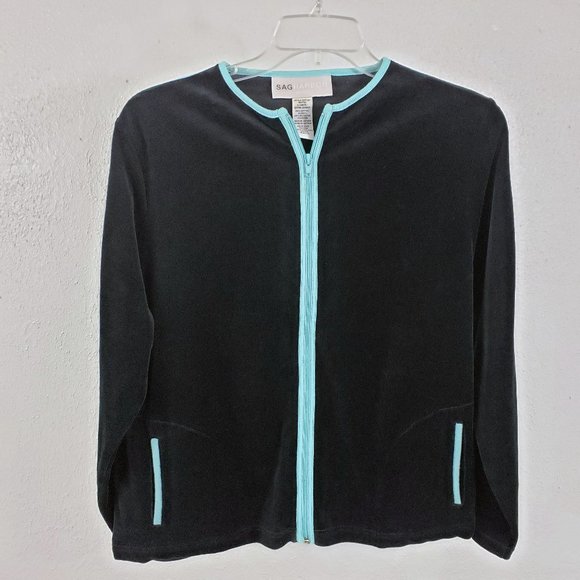 Sag Harbor Jackets & Blazers - Sag Harbor Sport Women's Black Velour Turquoise Trim Zip Lightweight Coat Jacket